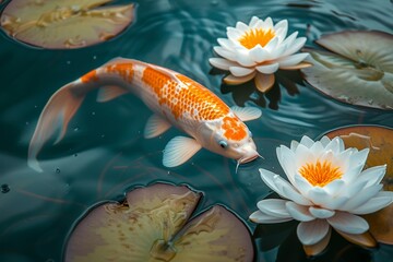 A fish elegantly swims amidst a colorful array of water lilies in a tranquil pond.