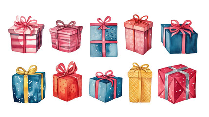 Set of watercolor colorful gift boxes with ribbons and bows on a transparent background. Clipart PNG. 