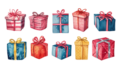 Set of watercolor colorful gift boxes with ribbons and bows on a transparent background. Clipart PNG. 
