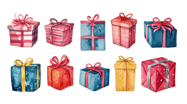 Set of watercolor colorful gift boxes with ribbons and bows on a transparent background. Clipart PNG. 