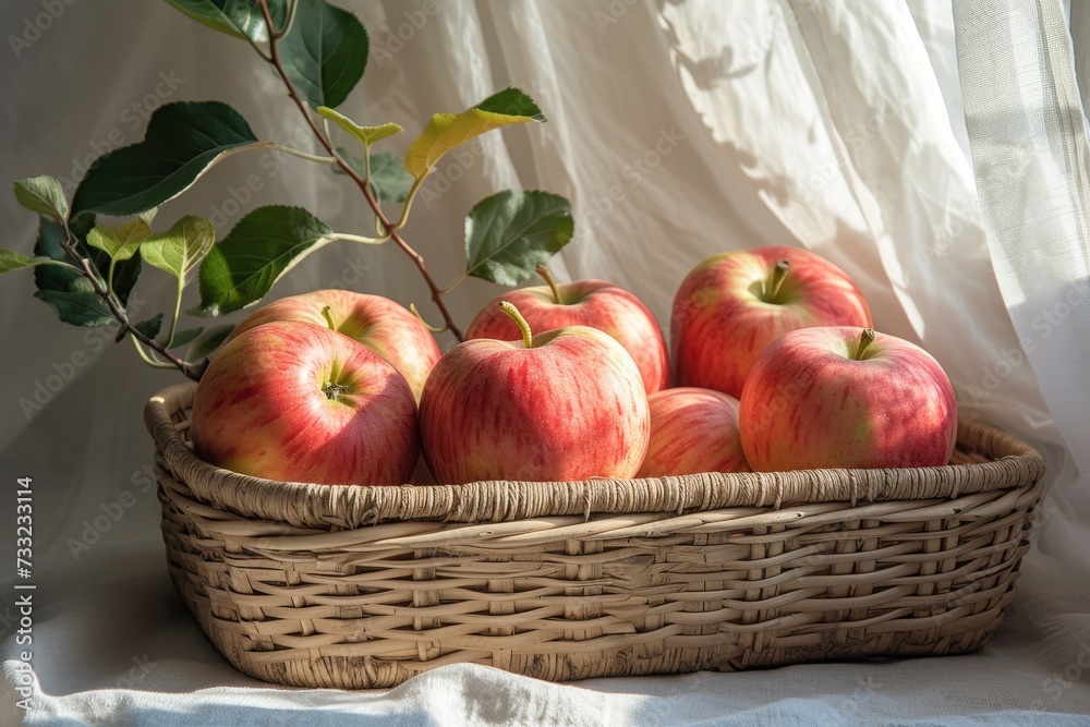 Poster a collection of ripe apples resting in a basket placed on a table.