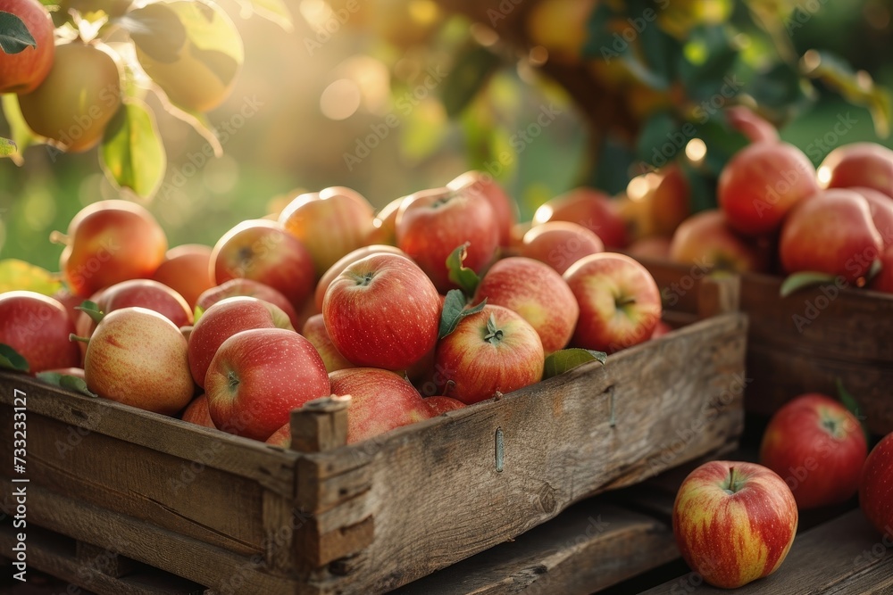 Poster a wooden crate overflowing with numerous ripe red and yellow apples.