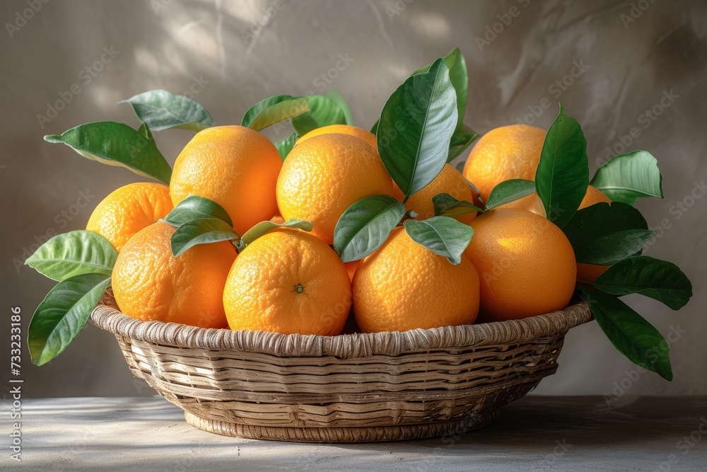 Aufkleber rustic basket filled with oranges placed on a table.