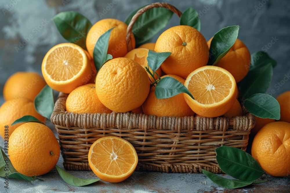Aufkleber A basket filled with oranges is neatly placed on top of a table.