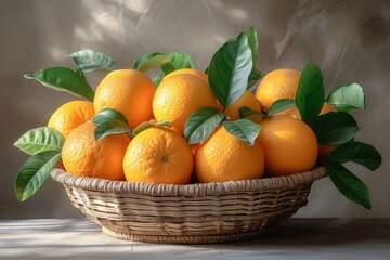 Rustic basket filled with oranges placed on a table.