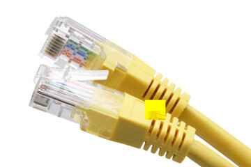 Yellow network cables with molded RJ45 plug on transparent background (PNG File)	
