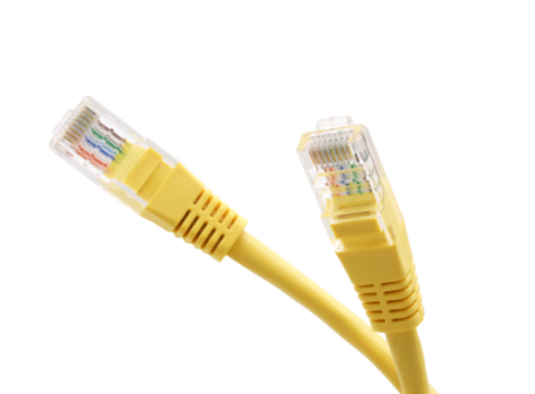 Yellow network cables with molded RJ45 plug on transparent background (PNG File)	
