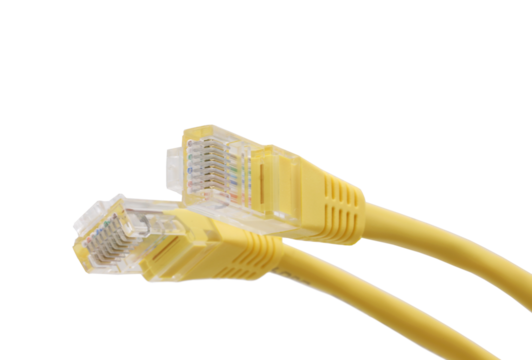 Yellow network cables with molded RJ45 plug on transparent background (PNG File)	
