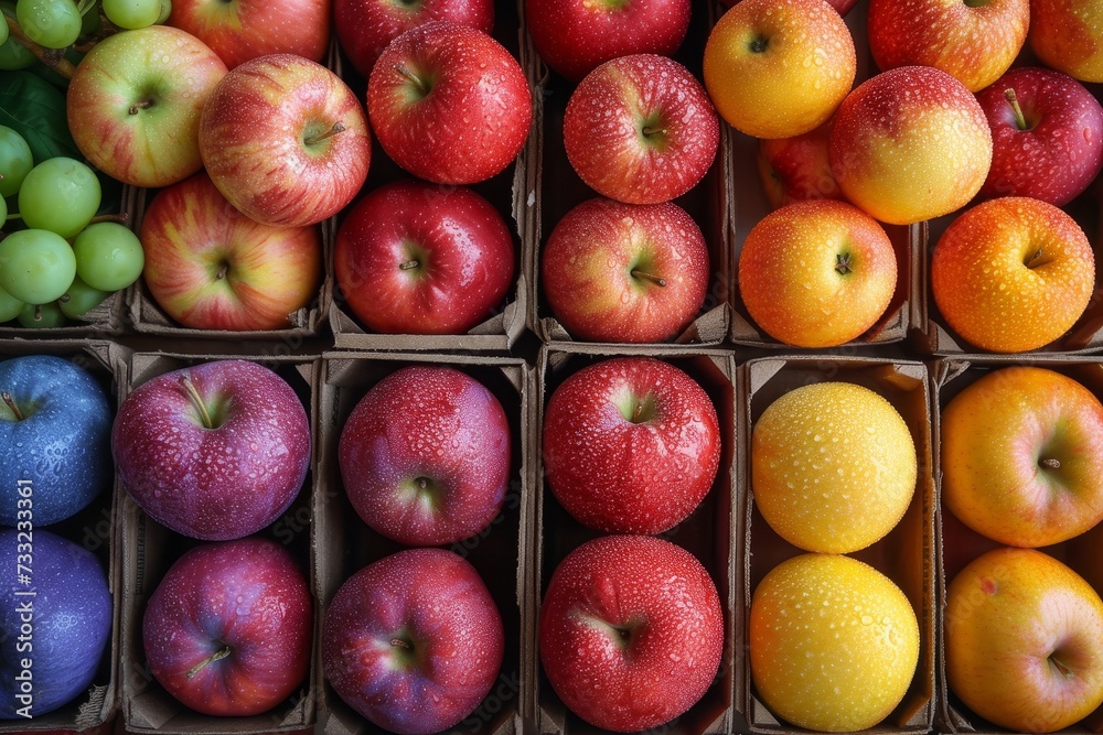 Poster a collection of boxes containing a wide variety of differently colored apples.