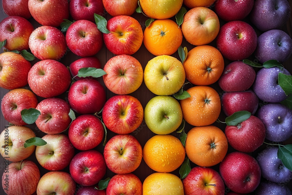 Fototapete a group of apples and oranges arranged in rows on a table, top view