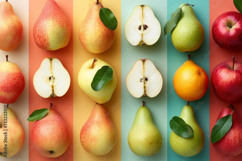 Poster A visually diverse collection of different types of pears and apples arranged neatly in a row.