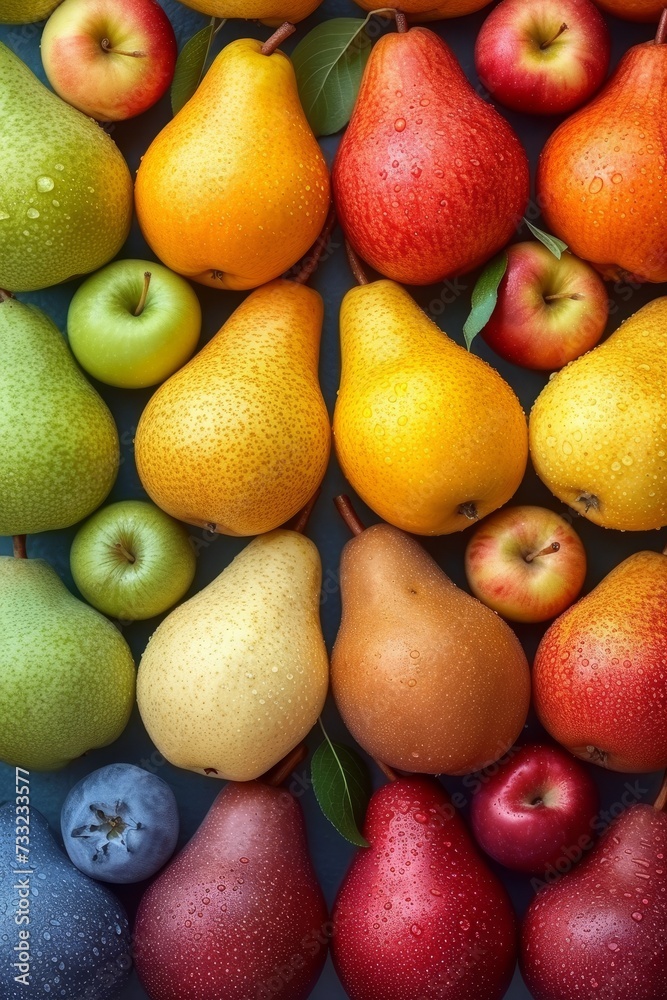 Poster various types of pears, and apples, creating an arrangement of different fruits
