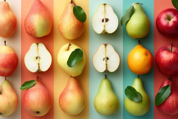 A visually diverse collection of different types of pears and apples arranged neatly in a row.