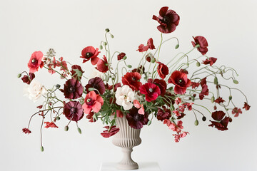bouquet of red poppies in a white vase on a white background, deep shadows, minimalistic