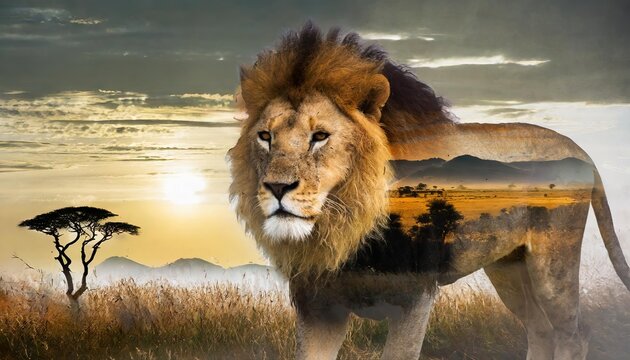 Generated image Lion and the African savanna, double exposure photography 