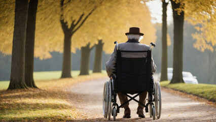 In Soledad: An Elderly Man in a Wheelchair in his Corner of the Park - obrazy, fototapety, plakaty