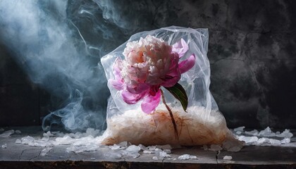 Peony in a plastic bag in a dark room with cracked walls and smoke