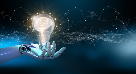 Ai Robot hand holding Light bulbs with Brain inside and Low poly wireframe outside. Creative and innovation inspiration. Business Bright idea with Artificial Intelligence concept.