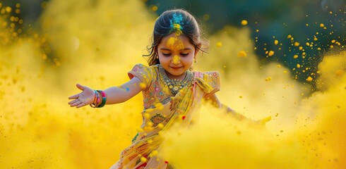 Young girl in traditional Indian attire. Holi festival concept.