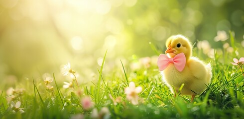 Yellow chick with pink bow on a background of spring flowers. Concept of Spring and new life.
