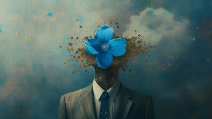 Conceptual art of a man in a suit with a blue flower for a head against a starry sky - obrazy, fototapety, plakaty