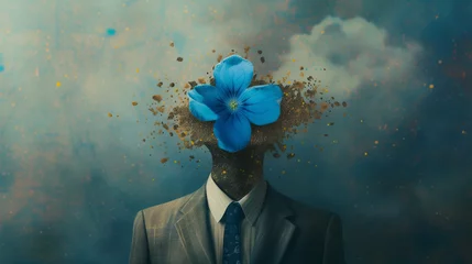 Poster Conceptual art of a man in a suit with a blue flower for a head against a starry sky © Benixs