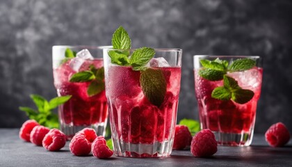 Three glasses of raspberry lemonade with mint leaves and raspberries