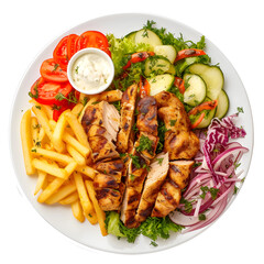 Dajaj chicken Shawarma platter with fries and salad served in dish isolated on white top view