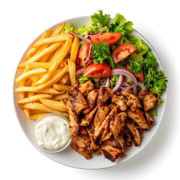 Dajaj chicken Shawarma platter with fries and salad served in dish isolated on white top view