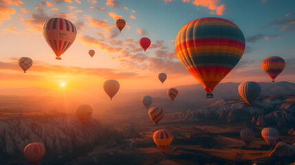 Naklejka premium Hot air balloons flying in the sky during sunrise over beautiful landscape with hills and valleys.