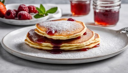 A stack of pancakes with syrup and strawberries