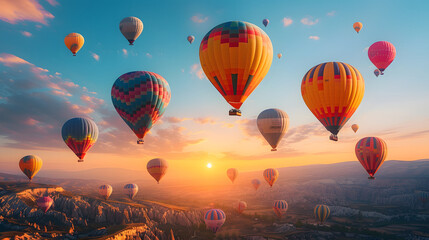 Obraz premium Hot air balloons flying in the sky during sunrise over beautiful landscape with hills and valleys.