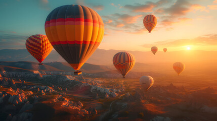 Obraz premium Hot air balloons flying in the sky during sunrise over beautiful landscape with hills and valleys.