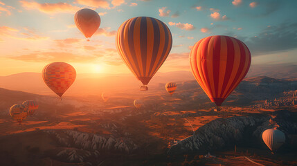 Hot air balloons flying in the sky during sunrise over beautiful landscape with hills and valleys. - obrazy, fototapety, plakaty