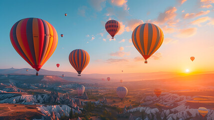 Hot air balloons flying in the sky during sunrise over beautiful landscape with hills and valleys.