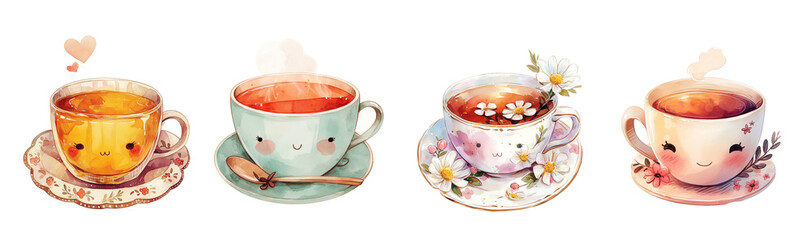 Cartoon kawaii watercolor tea cups with eyes, isolated on white