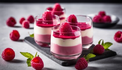 Obraz na płótnie Canvas Three glasses of raspberry dessert
