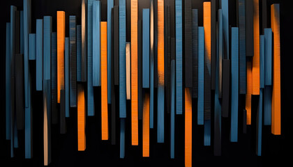 Abstract simple wood art blue and orange lines separated on a black background with glowing.