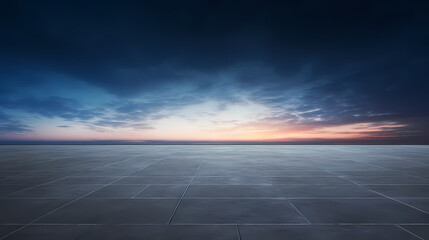 Dark concrete floor background infinite horizon sky panoramic scene - obrazy, fototapety, plakaty