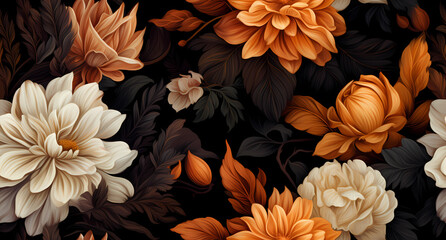 a seamless pattern of flower with leaves on a black background