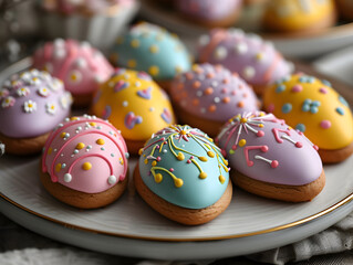 Obraz premium A slate tray with colorful frosted Easter egg cookies on top.