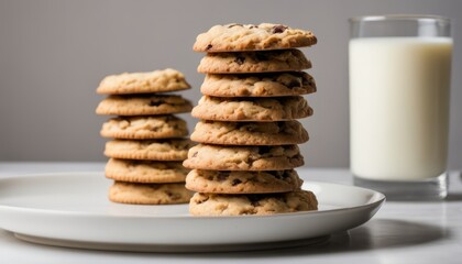 Fototapeta na wymiar A stack of chocolate chip cookies on a plate next to a glass of milk