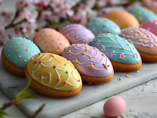 Obraz premium A slate tray with colorful frosted Easter egg cookies on top.