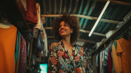 Obraz premium Woman shopping in a second hand shop