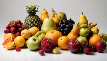 A variety of fruits are arranged on a white table