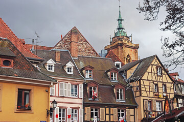 Obraz premium Old town and dome od St. Martin church. Architecture. Christmas time, Colmar, France