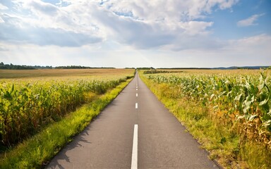 Fototapeta na wymiar A road with cornfields on either side. Idyllic landscape