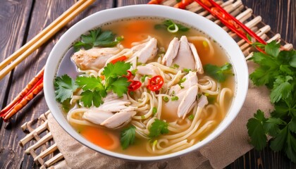 A bowl of soup with chicken, noodles, and herbs