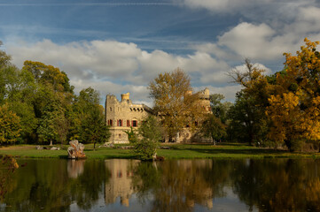 Fototapeta premium Panorama landscape view on John's Castle (Janův hrad) in Lednice-Valtice Cultural Landscape - Czech Republic