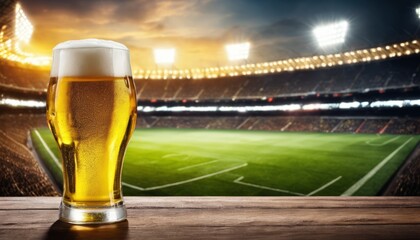A glass of beer sits on a table in front of a stadium